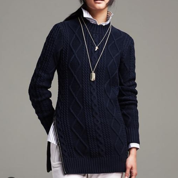 Banana Republic Sweaters - Banana Republic Women's Faux-Leather Trim Cable-Knit Pullover Small Cotton‎ Navy